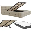 Vente-unique Lit coffre capitonné 140 x 190 cm - Tissu chiné - Beige + Matelas - LERUCO