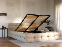 Vente-unique Lit coffre capitonné 140 x 190 cm - Tissu chiné - Beige + Matelas - LERUCO