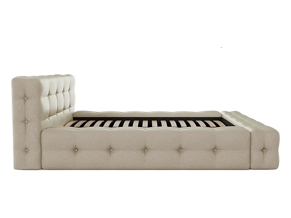 Vente-unique Lit coffre capitonné 140 x 190 cm - Tissu chiné - Beige + Matelas - LERUCO