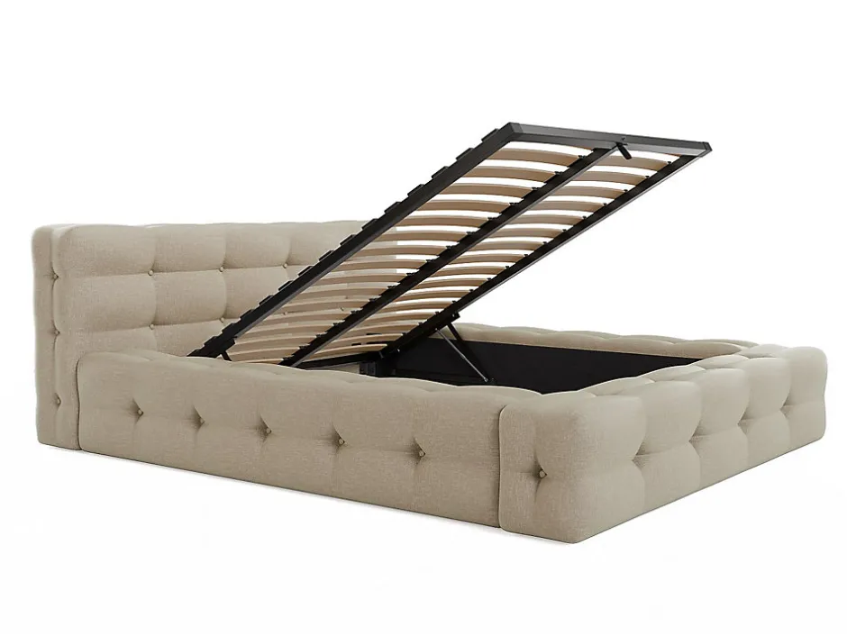 Vente-unique Lit coffre capitonné 140 x 190 cm - Tissu chiné - Beige + Matelas - LERUCO