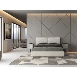 Ityhome Lit coffre capitonné 160x200 Agata 1 tissu Mados blanc