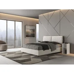 Ityhome Lit coffre capitonné 160x200 Agata 1 tissu Mados blanc