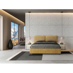 Ityhome Lit coffre capitonné 160x200 Aragona 3 tissu Mados jaune