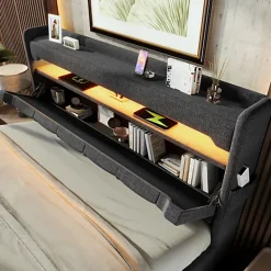 ModernLuxe Lit coffre capitonné 160x200cm avec LED et Ports de charge USB - tissu en Lin - tête de lit avec espace de rangement - Gris Sale