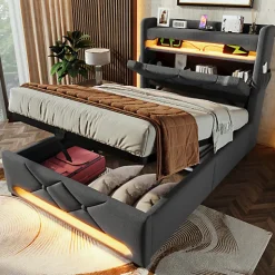 ModernLuxe Lit coffre capitonné 90x200cm avec LED et ports de charge USB - tissu en Lin - tête de lit avec espace de rangement - Gris