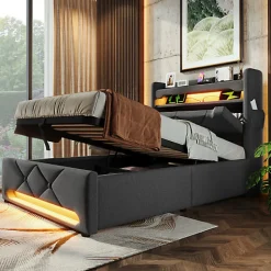 ModernLuxe Lit coffre capitonné 90x200cm avec LED et ports de charge USB - tissu en Lin - tête de lit avec espace de rangement - Gris