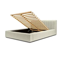 Meublorama Lit coffre CERVIN Taupe sablé bouclé 180x200 cm Sommier relevable Design haut de gamme Discount