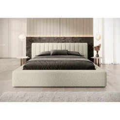 Meublorama Lit coffre CERVIN Taupe sablé bouclé 180x200 cm Sommier relevable Design haut de gamme Discount