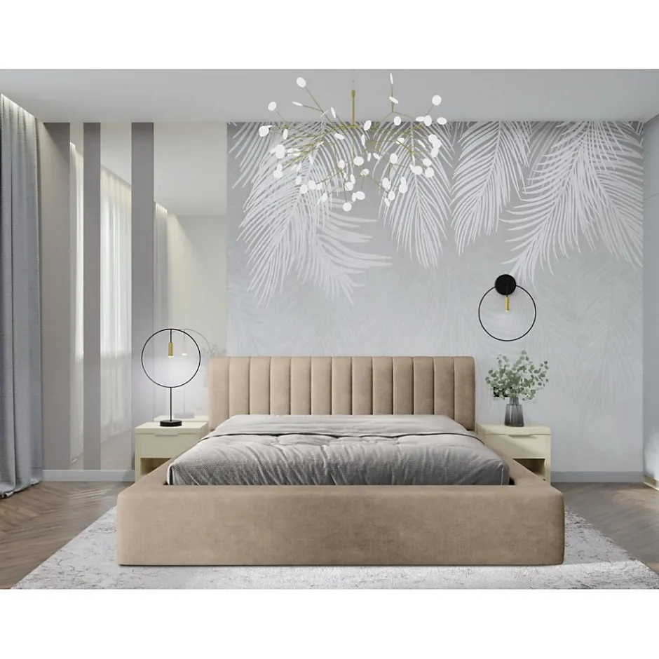 Meublorama Lit coffre CERVIN Velours doux Nude Sablé 180x200 cm Sommier relevable Design élégant