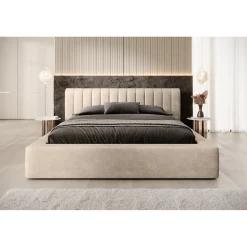 Meublorama Lit coffre CERVIN Velours doux Nude Sablé 180x200 cm Sommier relevable Design élégant