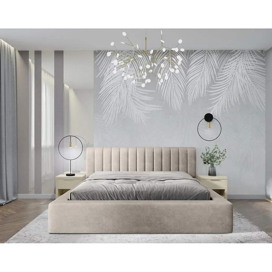 Meublorama Lit coffre CERVIN Velours doux Lin naturel 180x200 cm Sommier relevable Design élégant