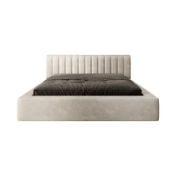 Meublorama Lit coffre CERVIN Velours doux Lin naturel 180x200 cm Sommier relevable Design élégant