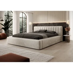 Meublorama Lit coffre CERVIN Velours doux Lin naturel 180x200 cm Sommier relevable Design élégant