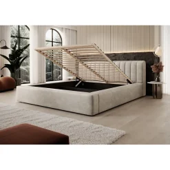 Meublorama Lit coffre CERVIN Velours doux Lin naturel 180x200 cm Sommier relevable Design élégant