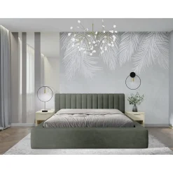 Meublorama Lit coffre CERVIN Velours doux Sauge Nocturne 140x200 cm Sommier relevable Design élégant