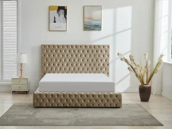 Vente-unique Lit coffre chesterfield 160 x 200 cm - Velours - Taupe + Matelas - DULENI Clearance