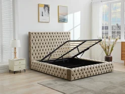 Vente-unique Lit coffre chesterfield 160 x 200 cm - Velours - Taupe + Matelas - DULENI Clearance