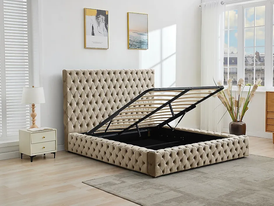 Vente-unique Lit coffre chesterfield 160 x 200 cm - Velours - Taupe + Matelas - DULENI Clearance