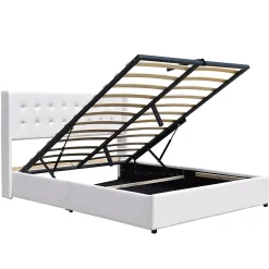 Nuits D'Or Lit coffre dehoussable blanc 120x190 cm - avec tete de lit capitonnee - 12 lattes - - entretien facile - lit de rangement Outlet