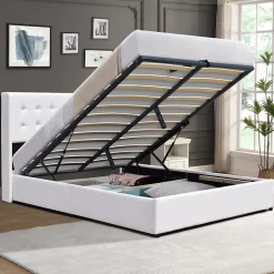 Nuits D'Or Lit coffre dehoussable blanc 120x190 cm - avec tete de lit capitonnee - 12 lattes - - entretien facile - lit de rangement Outlet