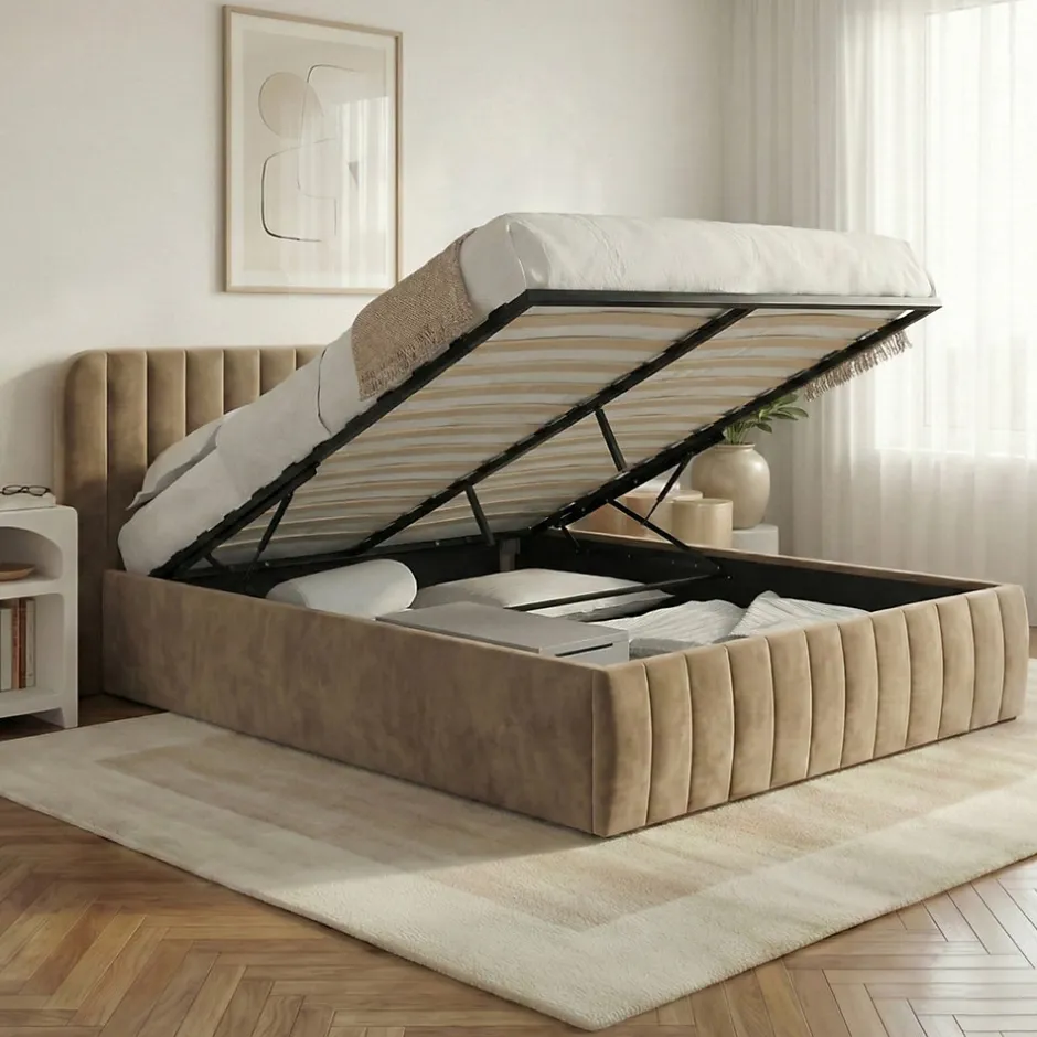 IDMarket Lit coffre double ALBA avec tête de lit et sommier 140 x 190 cm velours taupe
