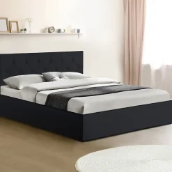 IDMarket Lit coffre double AUSTIN avec tête de lit et sommier 140 x 190 cm PVC noir Discount