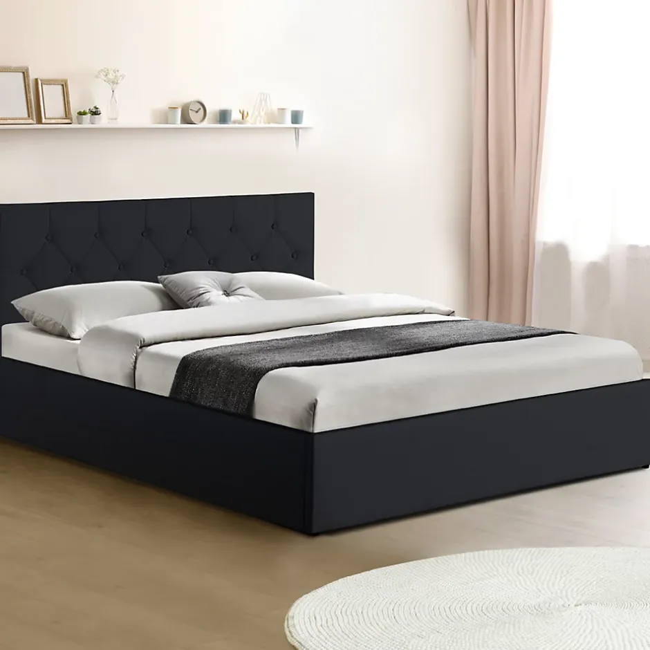 IDMarket Lit coffre double AUSTIN avec tête de lit et sommier 140 x 190 cm PVC noir Discount