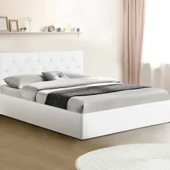 IDMarket Lit coffre double AUSTIN avec tête de lit et sommier 140 x 190 cm PVC blanc