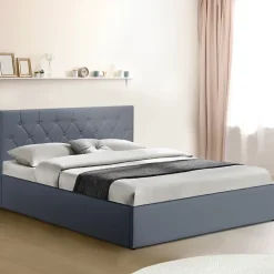 IDMarket Lit coffre double AUSTIN avec tête de lit et sommier 160 x 200 cm PVC gris Outlet