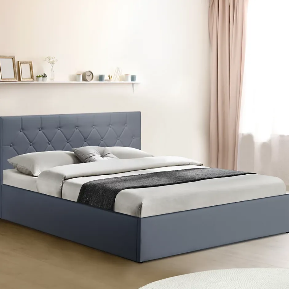 IDMarket Lit coffre double AUSTIN avec tête de lit et sommier 160 x 200 cm PVC gris Outlet