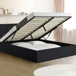 IDMarket Lit coffre double AUSTIN avec tête de lit et sommier 160 x 200 cm PVC noir Discount