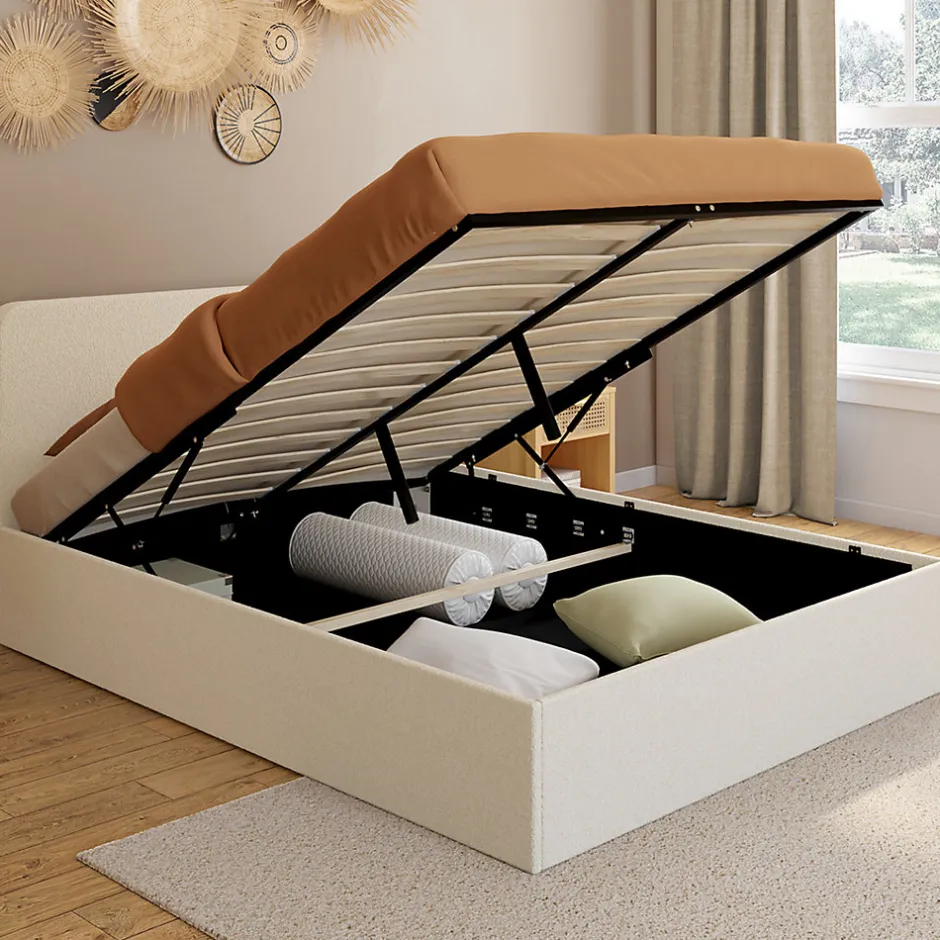 IDMarket Lit coffre double BRADFORD avec tête de lit et sommier 140 x 190 cm tissu bouclette