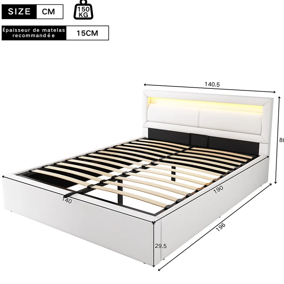 Okwish Lit Coffre Double Capitonnée 140x190 cm , avec LED, Éclairage Réglable, Rangement Sous Le Lit, PU et Bois Blanc, Sans Matelas Discount