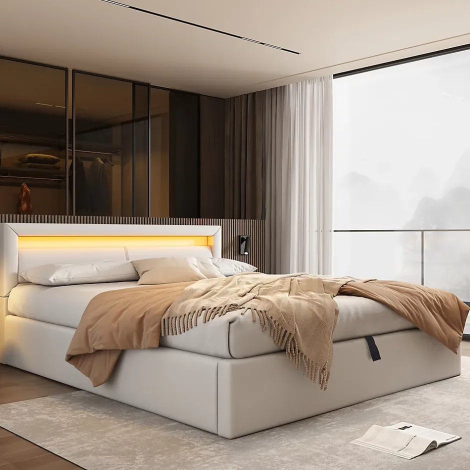 Okwish Lit Coffre Double Capitonnée 140x190 cm , avec LED, Éclairage Réglable, Rangement Sous Le Lit, PU et Bois Blanc, Sans Matelas Discount