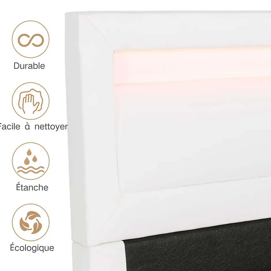 Okwish Lit Coffre Double Capitonnée 140x190 cm , avec LED, Éclairage Réglable, Rangement Sous Le Lit, PU et Bois Blanc, Sans Matelas Discount