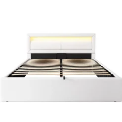 Okwish Lit Coffre Double Capitonnée 140x190 cm , avec LED, Éclairage Réglable, Rangement Sous Le Lit, PU et Bois Blanc, Sans Matelas Discount
