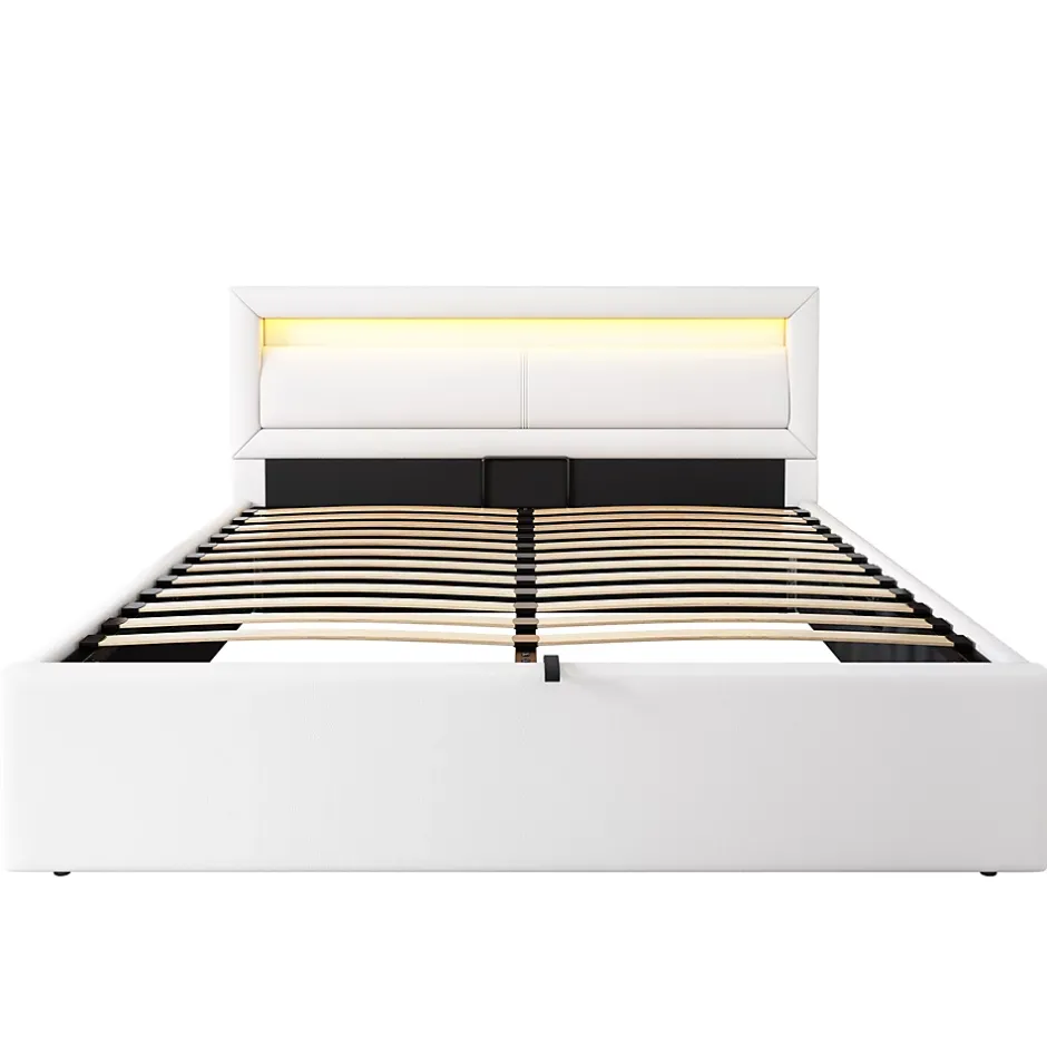 Okwish Lit Coffre Double Capitonnée 140x190 cm , avec LED, Éclairage Réglable, Rangement Sous Le Lit, PU et Bois Blanc, Sans Matelas Discount