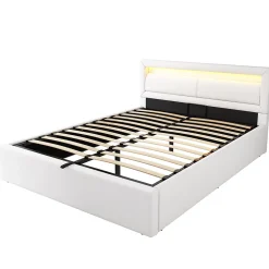 Okwish Lit Coffre Double Capitonnée 140x190 cm , avec LED, Éclairage Réglable, Rangement Sous Le Lit, PU et Bois Blanc, Sans Matelas Discount