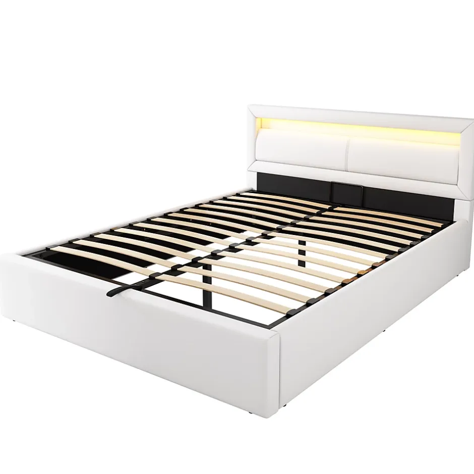 Okwish Lit Coffre Double Capitonnée 140x190 cm , avec LED, Éclairage Réglable, Rangement Sous Le Lit, PU et Bois Blanc, Sans Matelas Discount