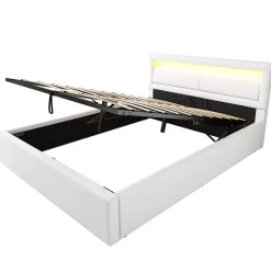 Okwish Lit Coffre Double Capitonnée 140x190 cm , avec LED, Éclairage Réglable, Rangement Sous Le Lit, PU et Bois Blanc, Sans Matelas Discount