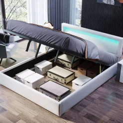 Okwish Lit Coffre Double Capitonnée 140x190 cm , avec LED, Éclairage Réglable, Rangement Sous Le Lit, PU et Bois Blanc, Sans Matelas Discount