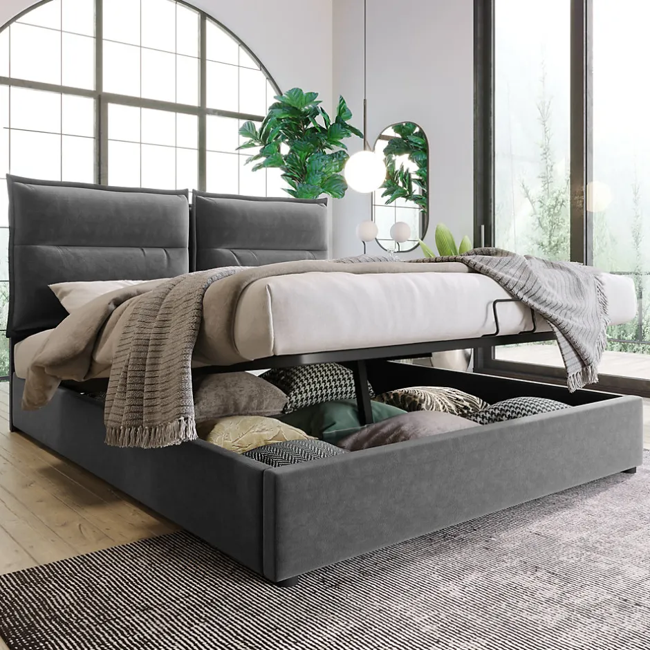 Okwish Lit Coffre Double Capitonné 140x200 cm - avec Coffre Hydraulique et Tête de Lit Ajustable, Velours Gris, Matelas Inclus