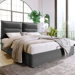 Okwish Lit Coffre Double Capitonné 140x200 cm - avec Coffre Hydraulique et Tête de Lit Ajustable, Velours Gris, Matelas Inclus