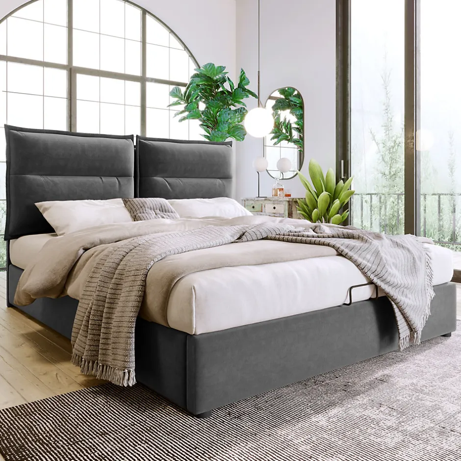 Okwish Lit Coffre Double Capitonné 140x200 cm - avec Coffre Hydraulique et Tête de Lit Ajustable, Velours Gris, Matelas Inclus