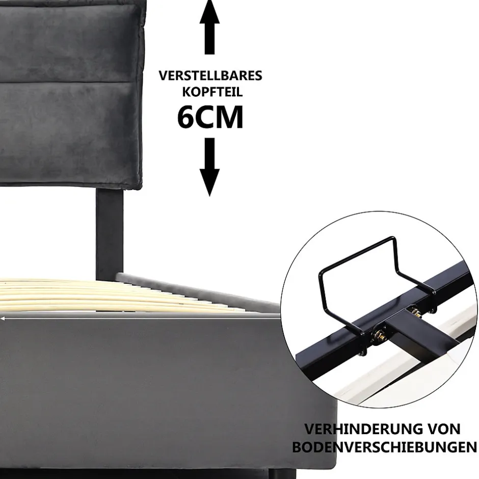 Okwish Lit Coffre Double Capitonné 140x200 cm - avec Coffre Hydraulique et Tête de Lit Ajustable, Velours Gris, Matelas Inclus