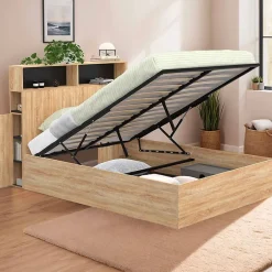 IDMarket Lit coffre double CLYDE avec tête de lit + rangements et sommier 140 x 190 cm façon hêtre et noir Best