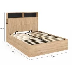 IDMarket Lit coffre double CLYDE avec tête de lit + rangements et sommier 140 x 190 cm façon hêtre et noir Best