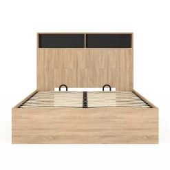 IDMarket Lit coffre double CLYDE avec tête de lit + rangements et sommier 140 x 190 cm façon hêtre et noir Best