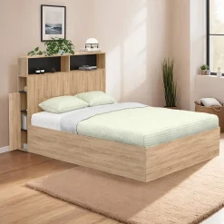 IDMarket Lit coffre double CLYDE avec tête de lit + rangements et sommier 140 x 190 cm façon hêtre et noir Best