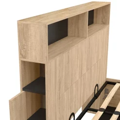 IDMarket Lit coffre double CLYDE avec tête de lit + rangements et sommier 140 x 190 cm façon hêtre et noir Best